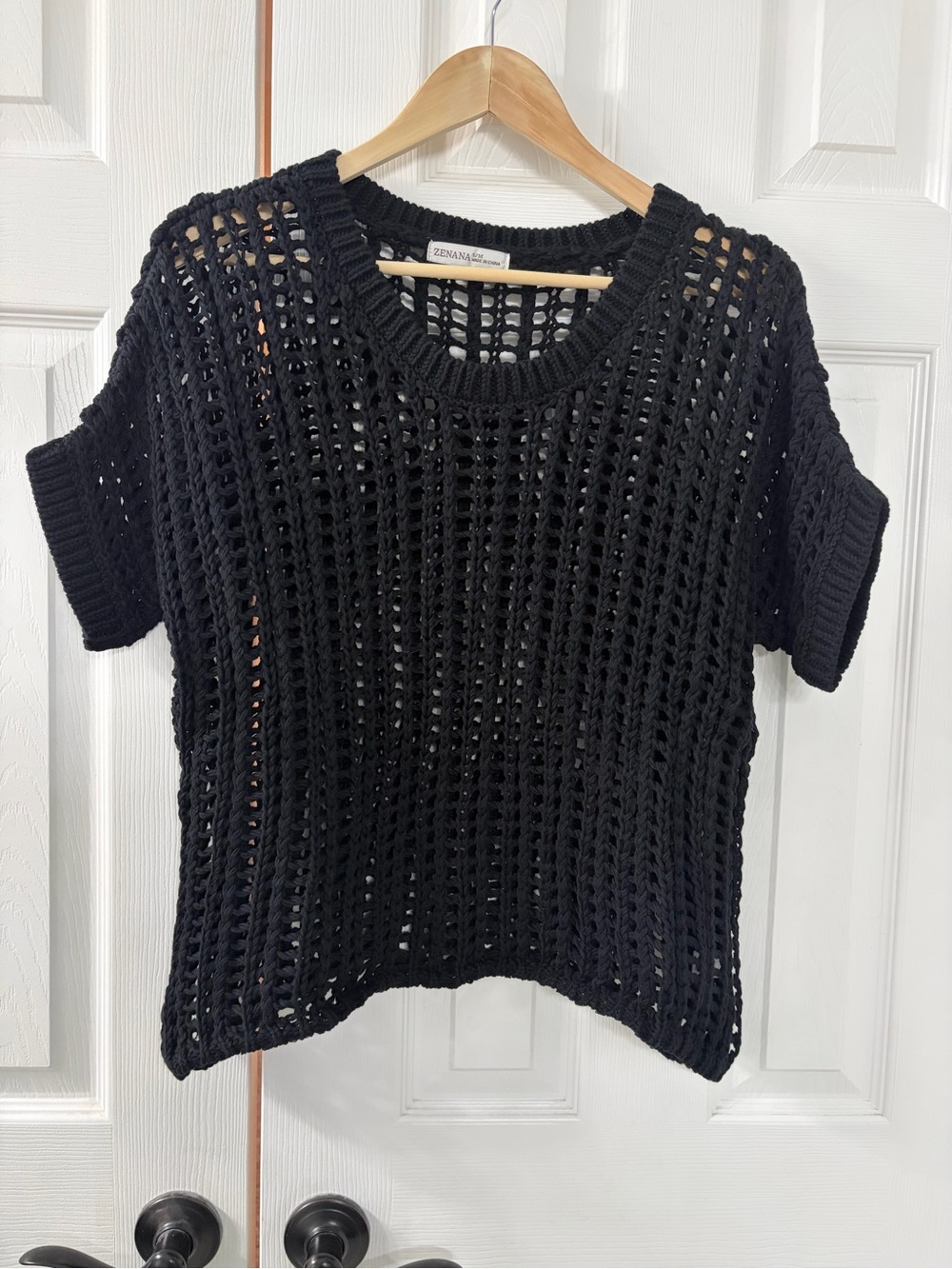 Zenana Black Cropped Open-Weave Knit Short-Sleeve Top